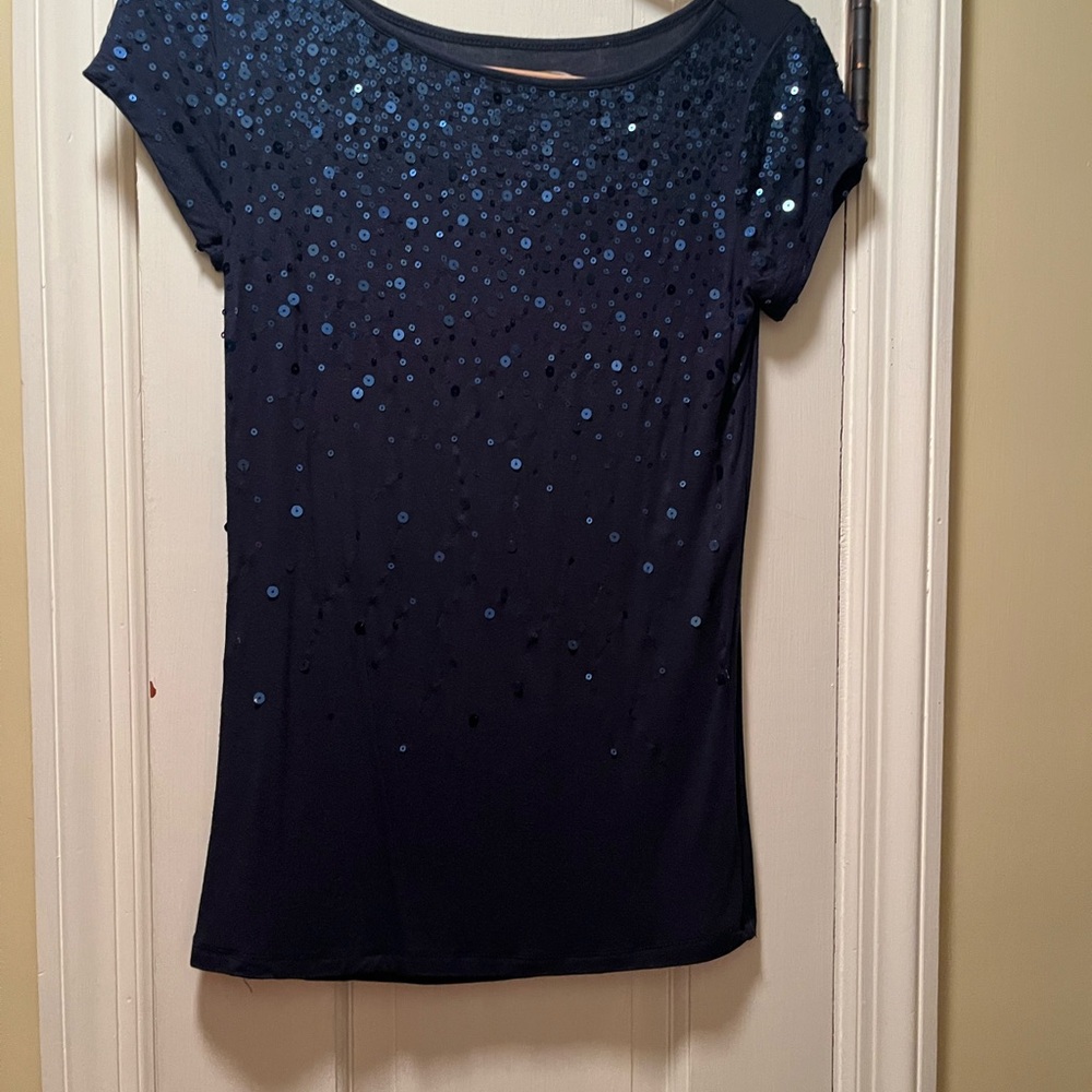 INC International Concepts Blue Sequin Cap Sleeve Blouse